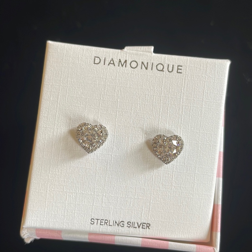 Diamonique Heart Shaped Sterling Silver Stud Earrings